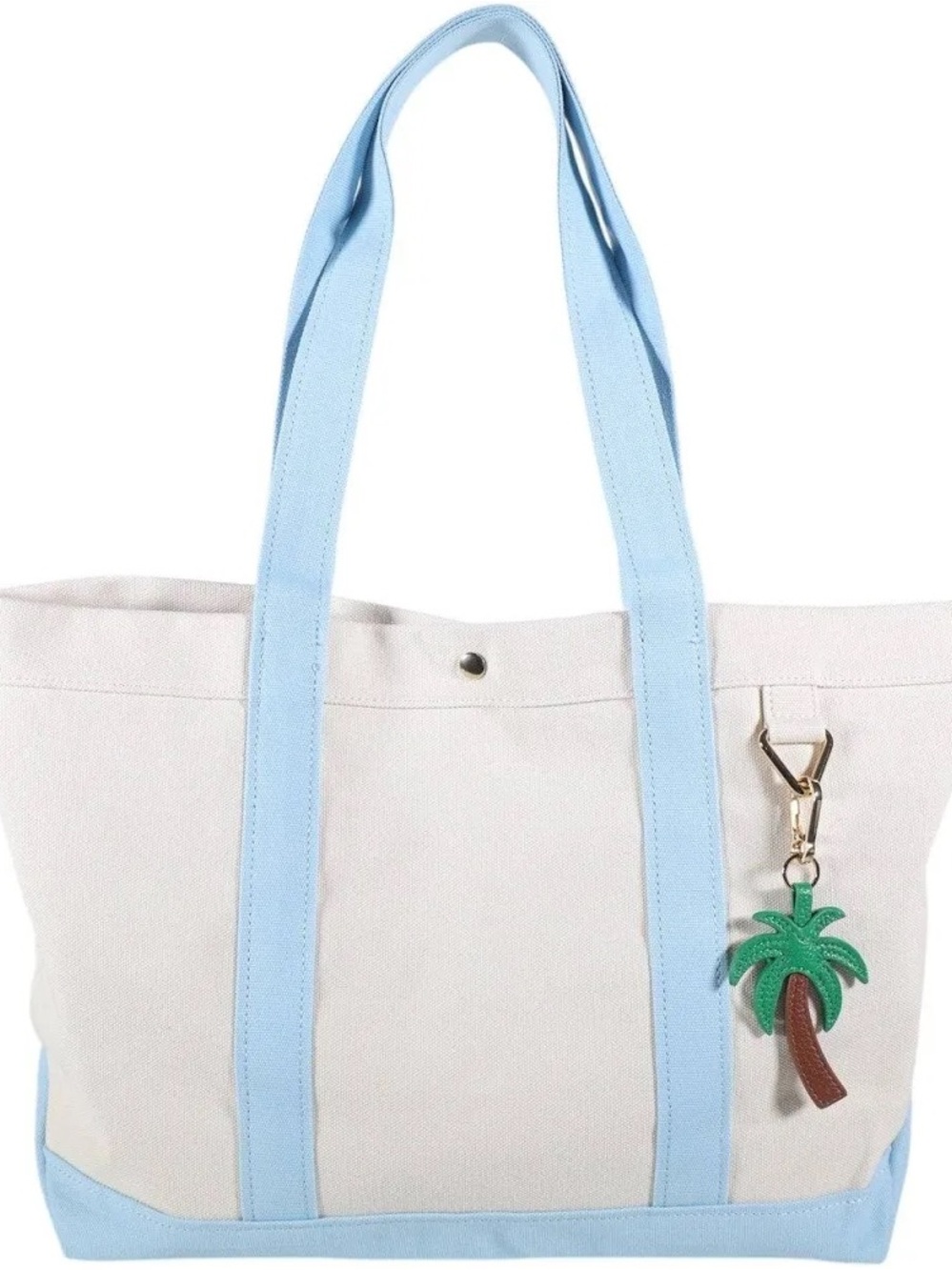 BaubleBar Canvas Tote with Light Blue Straps and Palm Charm